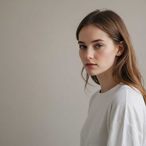 A young woman with long, wavy brown hair and a neutral expression gazes directly at the viewer. She's wearing a simple white t-shirt against a plain, light beige backdrop. The focus is on her face, with soft lighting emphasizing her features in a natural, intimate portrait style.