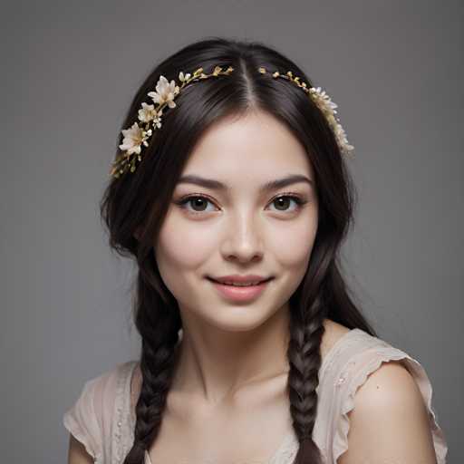 A young woman with long, dark brown hair styled in braided pigtails wears a delicate floral headband. She gazes directly at the viewer with a gentle smile, her makeup subtly enhancing her features. The soft lighting and muted background create a serene, portrait-style image with a slightly ethereal feel.