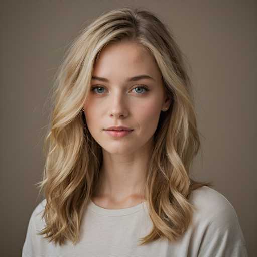 A young woman with striking blue eyes and wavy blonde hair is the central focus of a close-up portrait. She's positioned directly facing the camera, her expression serene and direct. The soft, muted background emphasizes her features, creating a simple yet intimate portrait with a natural, realistic art style.