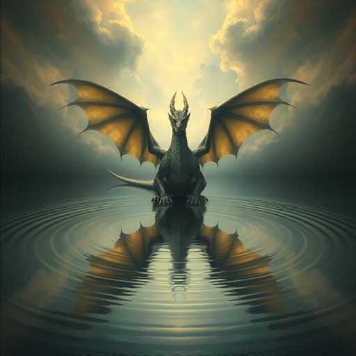 The image depicts a dragon sitting on its hind legs with its wings spread wide open above the water's surface. The dragon is facing towards the right side of the image and appears to be in a state of rest or contemplation. The background features a sky filled with clouds, creating an atmospheric setting for the scene.