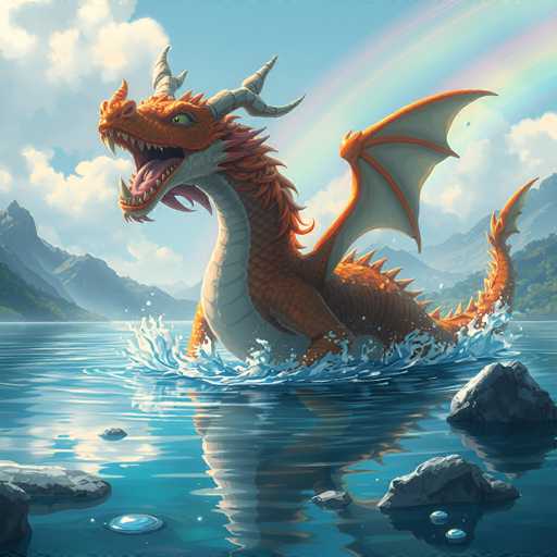 A vibrant, detailed digital painting of a majestic orange dragon emerging from a sparkling blue lake. The dragon is depicted in mid-motion, with its head raised and mouth wide open, revealing sharp teeth. Water splashes around the dragon's body as it rises from the water, creating a dynamic and energetic scene. The dragon has large, textured orange scales, prominent horns, and wide, expressive eyes. Its wings are partially extended, showing a mix of orange and light grey membranes with detailed veins. The background features rolling green mountains under a bright, partly cloudy sky with a rainbow arching across the scene. The water's surface reflects the dragon and the surrounding landscape, creating a sense of depth and tranquility. The overall style is fantastical and evocative, emphasizing the power and beauty of the mythical creature in a serene natural setting.