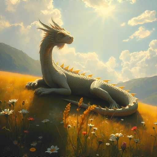 The image depicts a white dragon with yellow spots resting on a grassy hillside. The dragon is facing the right side of the image and appears to be basking in the sunlight. The background features a sky filled with clouds and mountains covered in green vegetation.
