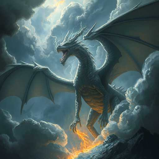 The image depicts a highly detailed, computer-generated dragon set against a dramatic, stormy backdrop. The dragon, with its scaly, grayish-blue body, stands on two legs and has a long neck adorned with spikes along its back. Its large, bat-like wings are spread wide, revealing a lighter gray interior. The creature's head is turned to the left, showcasing its menacing yellow eyes and open mouth, which emits a fiery breath. The dragon's front claws are extended, with flames emanating from its right hand. Surrounding the dragon are dark, ominous clouds, with a hint of sunlight piercing through the top left corner, adding to the intense atmosphere. The ground beneath the dragon appears rocky and gray, with additional flames rising from the bottom right corner, enhancing the scene's fiery and tumultuous feel.