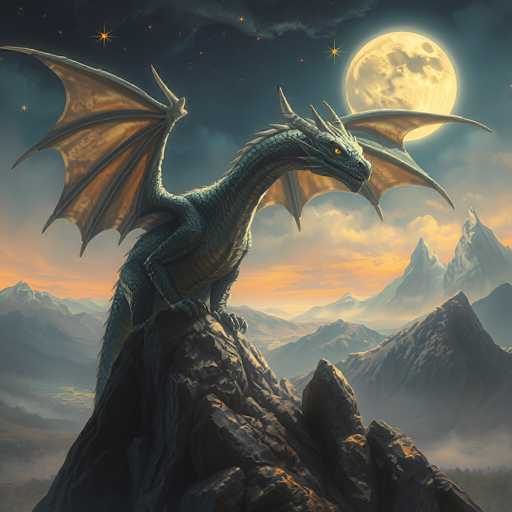 A majestic, teal-scaled dragon with large, golden wings perched atop a jagged, dark rock formation. The dragon is facing towards the viewer with its head slightly tilted, eyes glowing with an intense yellow light. The background features a breathtaking landscape of rolling mountains bathed in the warm glow of a full moon, partially obscured by a hazy mist. The sky is a deep twilight blue with scattered stars and a few bright, golden stars near the moon. The overall mood is one of awe-inspiring power and serene majesty.