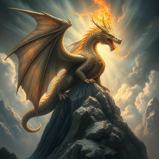 The image depicts a majestic dragon perched atop a rocky mountain peak, set against a dramatic sky. The dragon, with its golden scales and intricate black patterns, has its wings spread wide, showcasing the detailed structure of its feathers. Its long, serpentine tail curls gracefully, adding to its imposing presence. The creature's fierce expression is highlighted by its glowing red eyes and sharp, menacing teeth. Flames burst from its mouth and the top of its head, casting an intense light that illuminates the surrounding clouds. The sky is a mix of dark, stormy hues and bright, radiant beams, creating a striking contrast that emphasizes the dragon's powerful and mythical nature.