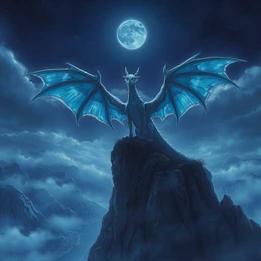 A majestic, blue dragon stands proudly on a craggy mountain peak under a full moon. The dragon's wings are spread wide, showcasing their intricate details and glowing blue scales. The background is a deep, dark night sky with swirling clouds and distant mountains shrouded in mist. A faint river winds its way through the valley below, reflecting the moonlight. The overall atmosphere is one of awe and wonder, highlighting the dragon's power and majesty in a fantastical setting.