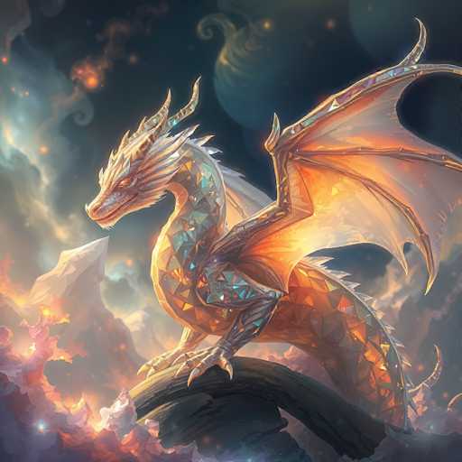 A majestic, crystalline dragon dominates the frame, perched on a dark, rocky surface. Its body is a mosaic of shimmering gemstones in warm hues of orange and gold, with sharp, angular scales. Large, translucent wings catch the light, revealing a glowing inner structure. The background is a swirling, ethereal landscape of clouds and celestial bodies in deep blues and purples, with hints of fiery orange and glowing particles. The art style is fantastical and digital painting-like, emphasizing intricate detail and a sense of otherworldly grandeur.