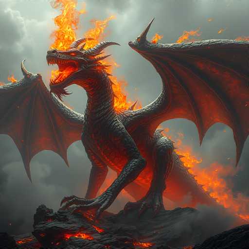 A majestic, fiery dragon stands amidst a volcanic landscape. The dragon is predominantly dark grey and black, with glowing orange flames erupting from its body, particularly along its neck, wings, and tail. Its scales are textured with sharp ridges, and its eyes glow intensely. The dragon's wings are vast and leathery, also engulfed in flames, with sharp, jagged edges. Its mouth is wide open, revealing glowing orange teeth and a fiery breath. The background is a dramatic, stormy sky with dark grey clouds partially obscured by smoke and ash. The dragon stands on jagged black rocks, with molten lava flowing around its feet. The overall lighting is dramatic, highlighting the fiery elements and creating a sense of power and intensity.