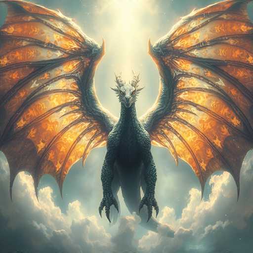 The image depicts a majestic dragon with vibrant orange and black wings spread wide against a backdrop of clouds and sunlight. The dragon's head is turned towards the viewer, giving an impression of direct engagement or communication.