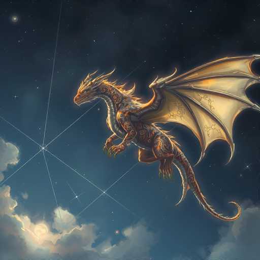The image depicts a majestic dragon soaring through a night sky. The dragon's body is predominantly orange, adorned with intricate patterns and designs that cover its entire form. Its wings are spread wide, showcasing a beautiful gradient from light to dark orange, with delicate lines running through them. The dragon's long, serpentine neck curves gracefully as it faces left, its head turned slightly towards the viewer. Its mouth is closed, and its eyes are a deep, mysterious black. The dragon's tail extends behind it, curling slightly at the end. The night sky serves as a stunning backdrop, transitioning from a deep blue at the top to a lighter shade near the horizon. Stars twinkle across the sky, and wispy clouds drift below, illuminated by a soft, ethereal light. The overall scene exudes a sense of wonder and fantasy, capturing the awe-inspiring presence of the dragon in its celestial realm.