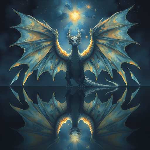 The image depicts a majestic dragon standing on a reflective surface, creating a mirror image below it. The dragon's body is predominantly gray, with a lighter gray chest and a darker gray tail. Its wings are a striking combination of blue and yellow, with the yellow hues concentrated near the body and the blue extending towards the tips. The dragon's head is adorned with a crown-like structure, featuring two prominent horns on either side. Its eyes are a vivid yellow, and it has a long, pointed nose. The dragon's front legs are straight and end in sharp claws, while its back legs are bent, also ending in claws. The creature's long tail curves gracefully to the right. Above the dragon, a radiant sun shines brightly, surrounded by a halo of yellow light. The sky is a deep blue, dotted with numerous stars, adding to the mystical atmosphere of the scene.