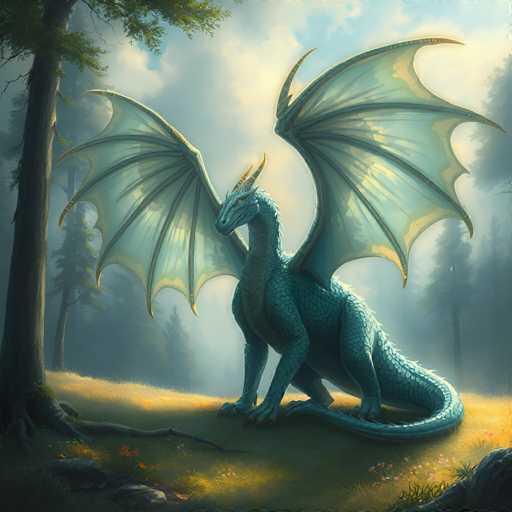A serene, fantasy-style painting depicts a majestic, teal dragon with expansive, translucent wings perched on a sunlit grassy knoll in a misty forest. The dragon is the central focus, its body detailed with textured scales and golden horns. Soft, ethereal light filters through a hazy background of tall, muted green trees, creating a tranquil and dreamlike atmosphere. The overall style is painterly, with a focus on atmospheric perspective and gentle color gradients.
