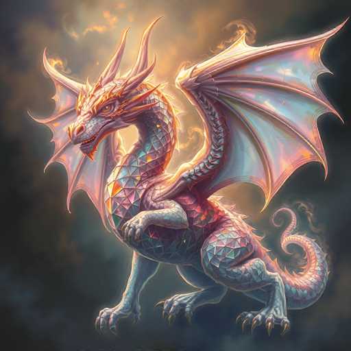 This image features a highly detailed, computer-generated dragon set against a dark, smoky background. The dragon, which stands upright on its hind legs, is depicted in a side profile facing left. Its body is adorned with intricate scales that shimmer in a spectrum of colors, including blues, purples, pinks, and yellows, with some areas appearing almost transparent. The dragon's head is crowned with three prominent horns, and it has a distinctive beard and a long, serpentine neck that twists back towards its body. Its large, bat-like wings are spread wide, displaying a blend of pink, blue, and purple hues. The dragon's four legs end in sharp, yellow claws, and its long, curling tail extends behind it, adding to its majestic presence. The overall scene is illuminated by a light source from behind the dragon, enhancing its ethereal and mystical aura.