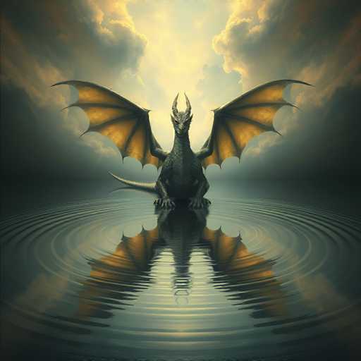 A majestic, dark green dragon with large, golden-orange wings sits calmly in the center of a still body of water. The dragon's scales are detailed, and its eyes glow with an intense red light. Its wings are spread slightly, creating a gentle ripple on the water's surface. The background is filled with dramatic, cloudy skies in shades of grey and gold, suggesting a mystical or ethereal setting. The dragon's reflection is perfectly mirrored on the water's surface, emphasizing its stillness and power. The overall lighting is soft yet dramatic, highlighting the dragon's form and creating a sense of awe.