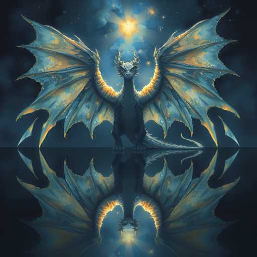 The image depicts a majestic dragon with wings spread wide and a radiant yellow head, standing on its hind legs against a dark blue background speckled with stars. The dragon's reflection is visible in the water below it, creating a mirror-like effect that enhances the sense of depth and dimension to the scene.