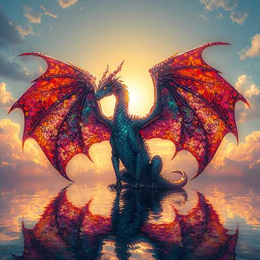This image depicts a majestic dragon perched on the edge of a serene body of water, possibly a lake or ocean. The dragon's body is a striking bluish-green color, adorned with intricate scales that shimmer in the light. Its most captivating feature is the pair of enormous wings, which are a vibrant mix of red, orange, and yellow hues, reminiscent of stained glass. The dragon's head is turned to the left, showcasing a fierce yellow eye and a prominent horn protruding from its forehead. Its long, curved tail adds to its imposing presence. The water below reflects the dragon's image, creating a mirror-like effect that enhances the mystical atmosphere. The sky above is a clear blue, dotted with a few white clouds, and the sun casts a warm glow, suggesting either a sunrise or sunset. The overall scene is both enchanting and awe-inspiring, capturing the essence of a mythical creature in a tranquil natural setting.