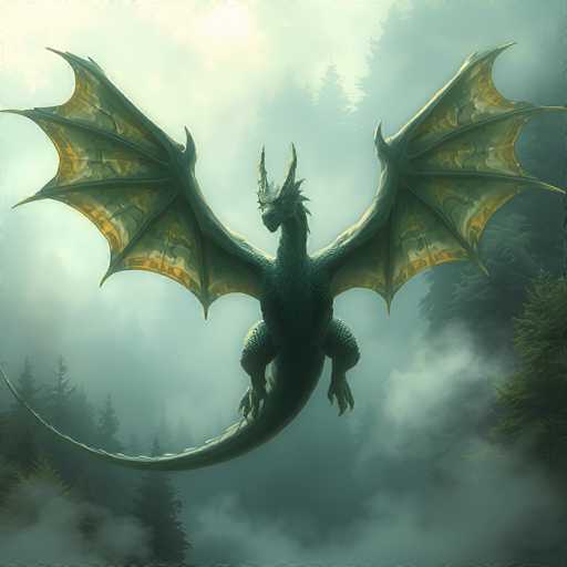 A green dragon with yellow wings is soaring through a foggy forest. The dragon's wings are spread wide as it flies towards the right side of the image. The background features tall trees and a misty atmosphere that adds to the sense of mystery surrounding the scene.