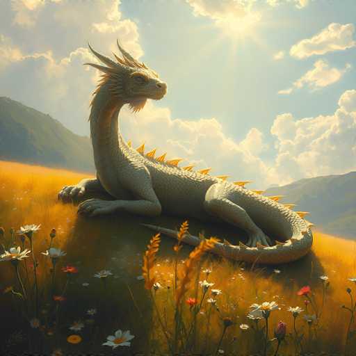 A serene, fantastical scene unfolds with a majestic, golden-scaled dragon reclining in a sun-drenched meadow. The dragon's long neck curves gracefully, its golden eyes gazing towards a bright, radiant sun partially obscured by fluffy clouds. Wildflowers dot the landscape, and gentle mountains rise in the background under a soft, warm light. The art style is painterly and dreamlike, emphasizing a sense of calm and wonder.