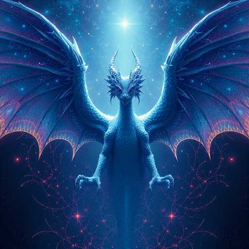 The image depicts a majestic dragon set against a dark, starry night sky. The dragon, rendered in shades of blue and purple, has a long, serpentine body with a pointed tail. Its most striking features include large, bat-like wings with intricate purple and orange patterns, and two prominent horns that curve backward from its head. The dragon's eyes are a vivid red, adding to its fierce appearance. Surrounding the dragon are numerous stars, with a particularly bright star positioned directly above its head, casting a radiant glow. The background is a deep blue, almost black, enhancing the mystical and otherworldly atmosphere of the scene.
