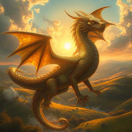 This image is a detailed, computer-generated depiction of a majestic dragon set against a dramatic sunset. The dragon, primarily gold with hints of green and yellow, is shown in a side profile, facing right. Its body is adorned with intricate scales and spikes, and it boasts large, bat-like wings with three distinct points. The dragon's long, serpentine tail, which features a spiky end, curls around its body. It has four legs, each ending in sharp claws, and a long neck that is slightly curved. The dragon's head is crowned with two prominent horns, and it has a fierce, open mouth revealing a sharp tooth. The background showcases a vibrant sky transitioning from blue to orange and yellow hues, with the sun setting behind the dragon. The scene is filled with rolling hills and mountains, some of which are shrouded in smoke, adding to the mystical atmosphere. The overall composition is rich in detail, with the dragon's golden scales and the warm, glowing light of the setting sun creating a striking contrast.
