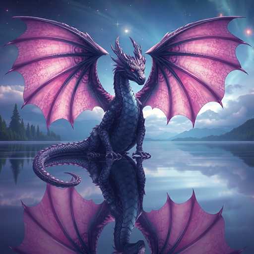 A majestic, dark blue dragon with vibrant pink wings and a shimmering, textured scale pattern is perched on a calm lake at twilight. The dragon's body is detailed with sharp ridges and glowing red eyes, reflecting in the still water. The background features a serene landscape of distant mountains, lush green trees on the shore, and a twilight sky with soft clouds and a few twinkling stars. The overall mood is one of tranquility and magical beauty, emphasizing the dragon's powerful yet serene presence.