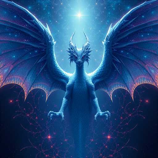 The image depicts a blue dragon with large wings spread wide and sharp teeth. The dragon is facing the camera directly, giving an impression of being ready for action or defense. The background features a dark blue sky filled with stars, creating a sense of depth and mystery. The image does not contain any discernible text or countable objects, making it difficult to determine specific details about its origin or creator.