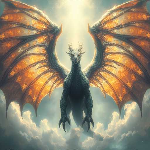 A majestic, dark grey dragon with vibrant orange and gold wing membranes stands in a swirling, ethereal sky. The dragon's scales are textured with subtle patterns of light and shadow, giving it a sense of depth. Its eyes glow with an intense, golden light, and its sharp claws are extended forward. The wings are spread wide, creating a dramatic silhouette against the bright, cloudy backdrop. The overall lighting is soft and atmospheric, with a warm glow emanating from behind the dragon, highlighting its powerful form. The style is reminiscent of fantasy art, with a focus on detail and dramatic composition.