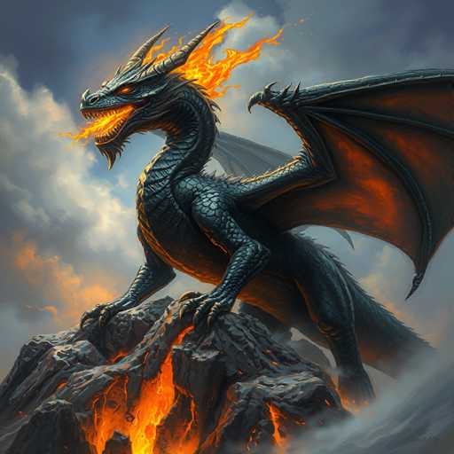 The image depicts a highly detailed, computer-generated dragon perched atop a rocky mountain. The dragon, with its dark gray, almost black scales, is covered in spikes along its back and wings. Its fiery orange eyes glow intensely, and flames shoot from its mouth, nostrils, and the top of its head. The dragon's wings are spread wide, revealing a dark orange interior, and its long, serpentine neck curves gracefully. The rocky mountain beneath it is gray and black, with cracks from which orange and yellow lava flow, creating a smoky haze. The sky above is a mix of dark blue and gray, filled with clouds that add to the dramatic atmosphere. The dragon's powerful claws grip the rock, and its long tail extends behind it, completing the majestic and intense scene.