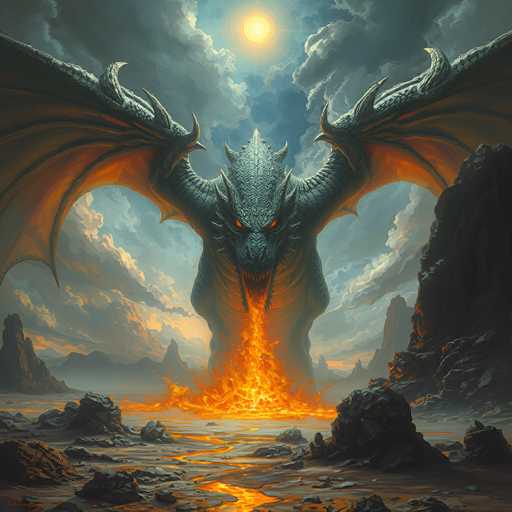 A colossal, ancient dragon dominates a desolate, volcanic landscape. The creature is primarily dark grey with jagged, scale-like textures and large, powerful wings that are a mix of deep grey and fiery orange. Its eyes glow with an intense, piercing gaze, and its mouth is wide open, revealing sharp teeth engulfed in a vibrant inferno of flames. The dragon stands amidst a landscape of jagged, dark rocks and a river of molten lava flowing towards the viewer. The sky above is a dramatic blend of stormy grey clouds and patches of pale blue, with a bright, fiery sun partially obscured by the clouds. The overall atmosphere is one of immense power, destruction, and a sense of awe-inspiring scale.