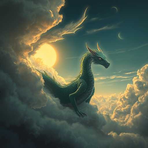 The image depicts a majestic dragon emerging from a sea of clouds, set against a dark blue sky. The dragon, with its greenish-gray scales and yellow eyes, stands on its hind legs, its front legs extended forward, showcasing long, sharp claws. Its body is adorned with green spikes along its back and a mane of green hair flowing from its head. The dragon's head is turned to the right, gazing intently at something beyond the frame. Above the dragon, the sky is dotted with three crescent moons, adding a mystical touch to the scene. The clouds surrounding the dragon are illuminated by a bright yellow sun, which peeks out from behind them, casting a warm glow over the entire image. The overall atmosphere is one of awe and wonder, with the dragon appearing to be a powerful and ancient creature in a fantastical realm.