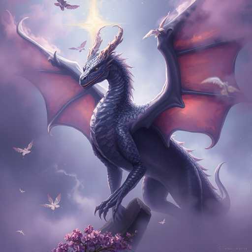 A majestic, dark blue dragon with large, iridescent wings stands proudly amidst a soft, ethereal sky. The dragon's scales shimmer with subtle highlights, and its horns curve gracefully. Its eyes glow with a warm, golden light, and it looks towards the viewer with an air of ancient wisdom. Delicate purple flowers bloom at its feet, and a radiant golden light emanates from above, casting a soft glow on the scene. Several small, white birds flit around the dragon's wings, adding to the magical atmosphere. The overall style is a blend of fantasy art and digital painting, with a focus on soft lighting and atmospheric perspective.