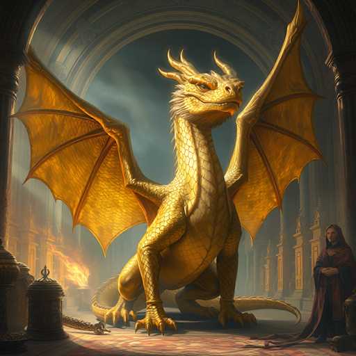 A majestic golden dragon sits in a grand, ancient hall. The dragon is the focal point, with its large, golden wings spread wide and a confident gaze directed forward. The hall is filled with ornate architectural details – towering columns, arched doorways, and intricate carvings – bathed in a warm, golden light that seems to emanate from the dragon itself. A figure of a man in rich robes stands respectfully at the base of the dragon, looking up with an expression of awe and reverence. The scene is rich in detail, showcasing a blend of fantasy and historical elements, with the dragon's scales gleaming and the hall’s architecture exuding a sense of timeless grandeur.
