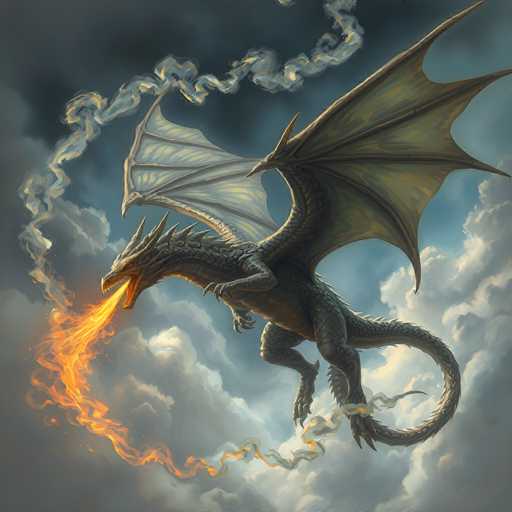 The image depicts a majestic dragon soaring through a cloudy sky. The dragon's body is predominantly gray, with a lighter gray underbelly. Its long, serpentine neck is adorned with numerous spikes, adding to its fierce appearance. The creature's large, bat-like wings are spread wide, showcasing intricate bone structures. Its elongated tail trails behind, curling slightly as it flies. The dragon's mouth is open, spewing a stream of fire that forms a circular pattern in the air, with wisps of smoke curling upwards. The sky is filled with a mix of dark and light clouds, creating a dramatic backdrop for this mythical beast. The dragon's head is turned to the left, giving the impression that it is gazing at something below. The overall scene captures the power and grace of the dragon in mid-flight, its fiery breath illuminating the surrounding clouds.