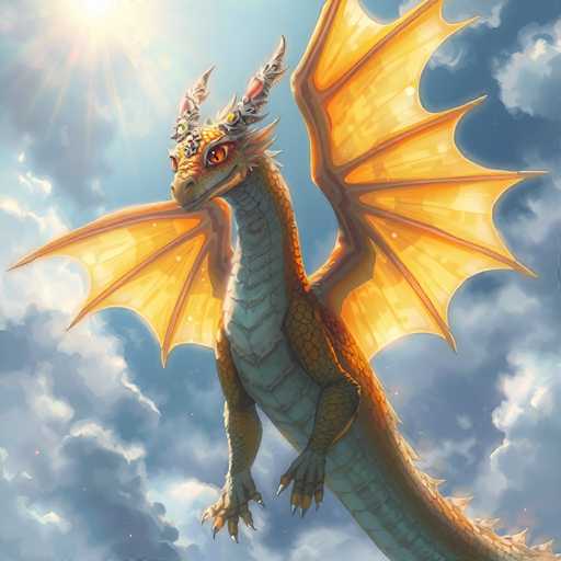 A majestic, golden-scaled dragon with vibrant orange wings is soaring through a bright, cloudy sky. The dragon's scales shimmer in the sunlight, and its eyes glow with a warm orange light. Its wings are intricately detailed with golden patterns, and its horns curve gracefully from its head. The background is a soft blend of white and blue clouds, with golden rays of sunlight streaming down from above. The dragon's posture is one of power and grace, as it effortlessly glides through the sky. The overall mood is one of wonder and magic, capturing the awe-inspiring beauty of a mythical creature.