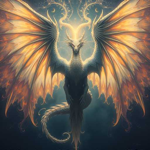 This image depicts a majestic dragon set against a dark, night sky. The dragon's body is predominantly gray, with a striking white head and a long, serpentine tail that curls gracefully. Its most captivating feature is the pair of enormous wings that extend from its back, displaying a gradient of colors from white at the base to vibrant orange and yellow at the tips. The dragon's eyes are a piercing orange, adding to its fierce and mystical appearance. Above the dragon, a crescent moon hangs in the sky, accompanied by a few stars, enhancing the ethereal atmosphere. The dragon's posture is regal, with its front legs positioned as if it's resting on them, and its head is slightly tilted downward, giving it an air of wisdom and power. The overall scene exudes a sense of otherworldly beauty and magic.