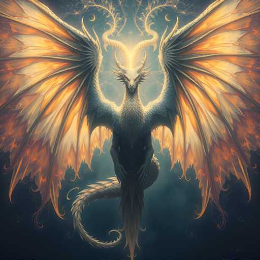 The image depicts a majestic dragon with wings spread wide and a tail curled up behind it. The dragon is facing towards the right side of the frame, giving an impression of movement or readiness to strike. The background features a dark blue color that contrasts with the vibrant orange and yellow hues of the dragon's wings and tail.
