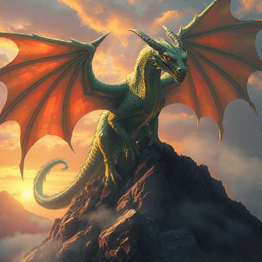 The image depicts a highly detailed, computer-generated dragon perched atop a rocky mountain peak. The dragon, with its greenish-blue scales and striking red eyes, has two prominent horns protruding from its head. Its expansive wings, which are a vibrant orange with intricate blue veins, are spread wide open, adding to its majestic appearance. The dragon's long, serpentine tail curls down the rocky surface, and its sharp claws grip the peak firmly. The scene is set against a dramatic sky, with the sun either rising or setting, casting a warm glow that illuminates the dragon's form. The sky is filled with clouds tinged with hues of orange, yellow, and gray, enhancing the overall atmosphere of the image. The dragon's head is turned to the right, and it appears to be gazing intently at something off-screen, adding an element of mystery to the scene.