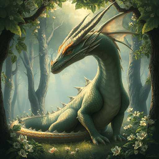 A majestic, emerald green dragon with golden-orange accents on its head and wings is curled up in a mossy, sun-dappled forest clearing. The dragon has large, intricate scales and sharp horns that curve gracefully. Its eyes are a vibrant amber color, gazing serenely towards the viewer. Delicate white flowers bloom around its form, and a golden, woven nest is nestled within its body. The background features tall, ancient trees with lush green leaves and a soft, ethereal light filtering through the canopy. The overall atmosphere is one of peace, tranquility, and magical beauty.