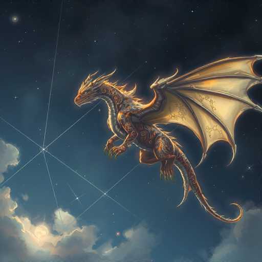 The image depicts a dragon soaring through a starry night sky. The dragon is depicted with wings spread wide and its tail curled up behind it as it flies from the left side of the frame towards the right. The background features a dark blue sky filled with stars, creating a sense of depth and vastness to the scene.