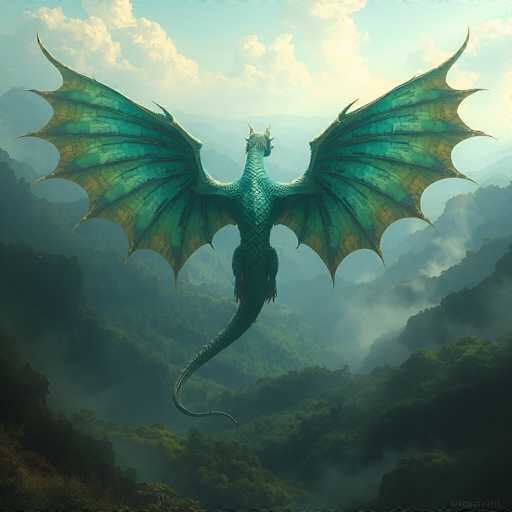 This image features a detailed, computer-generated depiction of a majestic dragon soaring through a misty, mountainous landscape. The dragon, predominantly green with yellow accents, has expansive wings that are spread wide, revealing intricate patterns and hues. Its long, serpentine tail curves gracefully behind it, adding to its dynamic appearance. The creature's back is adorned with prominent horns, and its head is turned slightly to the right, showcasing its fierce, determined expression. The background is a blend of lush green trees and distant mountains, all veiled in a soft, ethereal fog that enhances the mystical atmosphere of the scene.