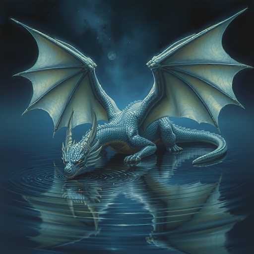 This detailed illustration depicts a majestic dragon with a light blue body and a yellow underbelly, emerging from a dark, reflective body of water. The dragon's large, bat-like wings are spread wide, showcasing their intricate structure. Its long, serpentine tail trails behind, while its four legs are firmly planted on the water's surface. The dragon's head, adorned with two prominent horns and additional spikes along its back, is bent down as it laps at the water, creating ripples that distort its reflection. The creature's eyes glow with an intense orange hue, adding to its fierce appearance. Above, the night sky is a deep blue, dotted with stars and featuring a prominent planet or moon, enhancing the mystical atmosphere of the scene.