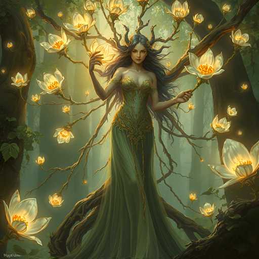 A digital painting in a fantasy style depicts a woman with long, flowing dark hair and delicate features, adorned with intricate golden floral details on her green gown. She stands amidst a mystical forest scene, surrounded by glowing lotus flowers that seem to bloom from the branches of ancient trees. The woman's hands are outstretched, holding a glowing lotus flower as if offering it or channeling its energy. The background is softly blurred, suggesting a magical and ethereal atmosphere. The overall color palette is rich in greens and golds, with soft lighting that enhances the mystical quality of the scene. The style is reminiscent of a fantasy illustration, with a focus on detailed textures and atmospheric lighting.