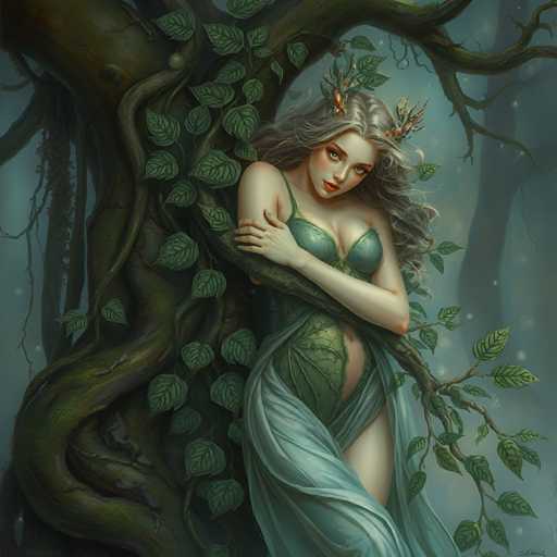 The image depicts a detailed, computer-generated illustration of a young woman with long, wavy gray hair, dressed in a green outfit that includes a bra-like top and a flowing skirt. She is leaning against a large, gnarled tree trunk that is adorned with green vines and leaves. The woman, who has a light complexion, is wearing a tiara made of leaves and flowers, and her arms are crossed over her chest. Her head is tilted down, and she gazes directly at the viewer with a serious expression. The background is a dark, foggy forest with additional trees, creating a mystical atmosphere. The overall color palette of the image is dominated by shades of green, gray, and blue, enhancing the ethereal and enchanting quality of the scene.
