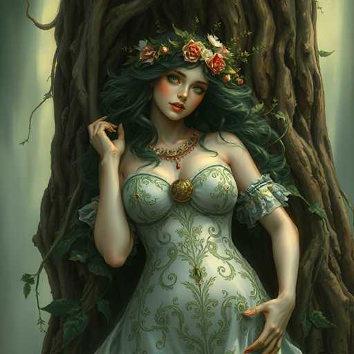 A beautiful, ethereal woman with long, flowing emerald green hair and a delicate floral crown is leaning against the textured bark of an ancient tree. She wears a cream-colored, intricately patterned dress adorned with golden floral motifs and a matching gold pendant. Her expression is serene yet captivating, her eyes gazing slightly upwards with a hint of mystery. The lighting is soft and diffused, creating a dreamlike atmosphere. Lush green vines and leaves intertwine around the tree trunk, adding to the natural, enchanted feel of the scene. The overall style is reminiscent of a fantasy illustration or a digital painting with a focus on detailed textures and soft color palettes.