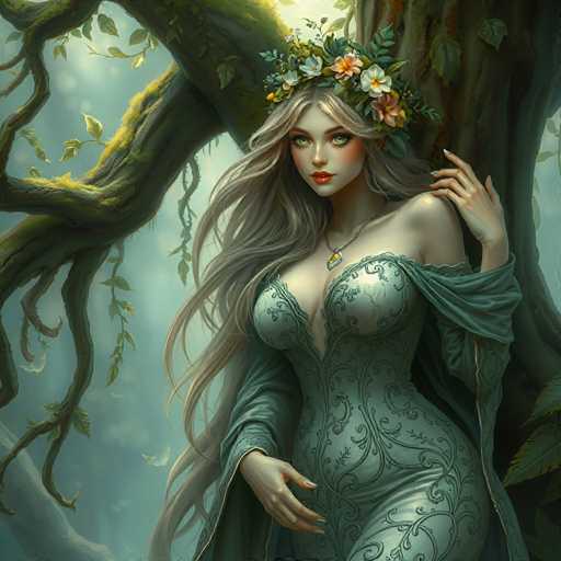 A woman with long blonde hair is standing next to a tree in a forest setting. She is wearing a green dress and has a crown of flowers on her head. The background features lush trees and foliage, creating a sense of depth and natural beauty.
