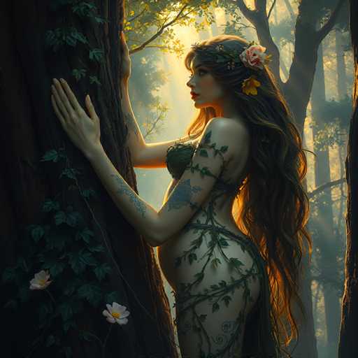 In this captivating fantasy illustration, a heavily pregnant woman stands gracefully in a sunlit forest, her body adorned with intricate vine and leaf tattoos that extend from her arms to her legs. She wears a green bra-like top and a skirt made of leaves, blending seamlessly with the natural surroundings. Her long, flowing brown hair cascades down her back, interwoven with flowers and vines. She leans against a large tree trunk on the left side of the image, her hands gently touching the bark. The scene is bathed in warm sunlight filtering through the trees, casting a golden glow on her face and hair. The background is filled with more trees, creating a serene and enchanting atmosphere. The woman's serene expression and the harmonious integration with nature evoke a sense of tranquility and magic, making the image a stunning piece of digital art.