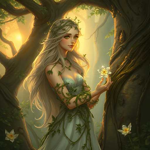 The image depicts a young woman with long, flowing blonde hair adorned with a crown of green leaves. She is dressed in a light blue, sleeveless dress that complements the natural surroundings. Her arms are wrapped in vines, and she holds a white flower with a yellow center in her left hand. The scene is set in a dense forest, with sunlight filtering through the trees, casting a warm glow on the woman. She stands near a large tree trunk, surrounded by lush greenery and other white flowers with yellow centers. The overall atmosphere is serene and enchanting, blending elements of nature with a touch of fantasy.