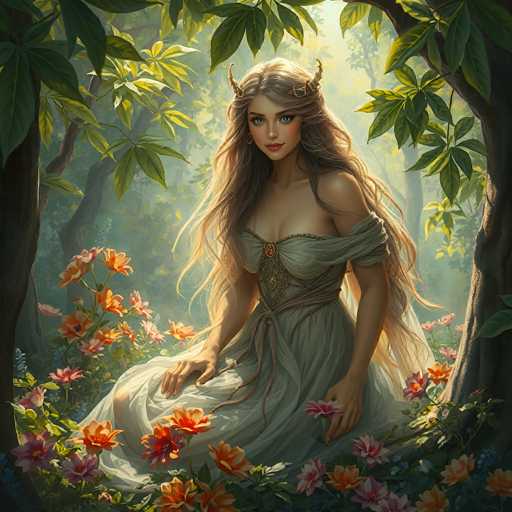 The image depicts a young woman with long, flowing blonde hair, seated gracefully in a lush, sunlit forest. She is adorned in a light green, strapless dress that features intricate gold embroidery and a corset-like bodice. The dress is tied at her waist with a sash, and a piece of fabric elegantly drapes over her left shoulder. Her striking blue eyes and red lips add to her ethereal appearance, complemented by gold earrings and golden horns that curve from her forehead to the back of her head. The forest around her is vibrant with green leaves and a variety of colorful flowers, including orange, pink, and purple blooms. Sunlight filters through the trees, casting a warm glow on her face and hair, enhancing the magical and serene atmosphere of the scene.