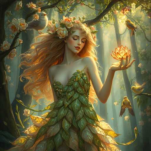 A beautiful, ethereal woman with long, flowing golden hair adorned with a floral crown stands in a sun-drenched forest. She wears a dress made of living leaves, and her eyes are closed as she gently holds a glowing lotus flower in her outstretched hands. The background is filled with soft, hazy light filtering through the trees, and several small birds flit around her. The overall mood is one of peace, serenity, and connection with nature.