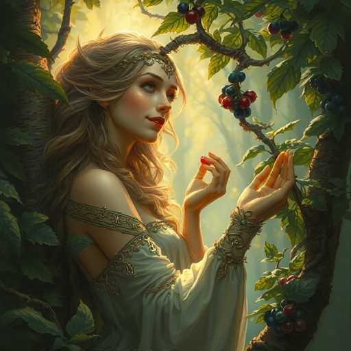 A woman with long blonde hair is standing in a forest surrounded by trees and bushes. She is wearing a white dress adorned with gold accents and has her hands on the branches of a tree filled with red berries. The background features lush green foliage that complements the overall scene.